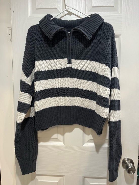 George Sweaters - George Black and White Striped Half-Zip Cowl Sweater
